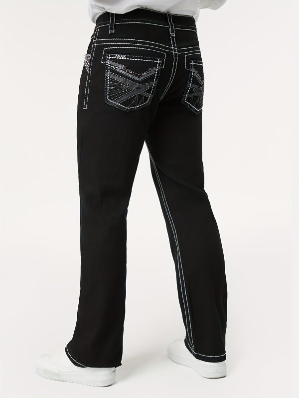 men's casual black denim jeans with details, comfortable mid rise, loose fit, machine washable, perfect for casual attire