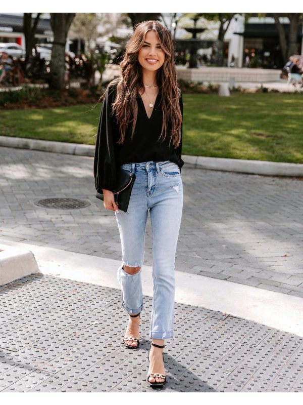 women's elegant v neck long sleeve shirt solid black loose fit casual to semi formal top, lightweight breathable non stretch fabric for spring summer fall, versatile everyday & special occasion blouse