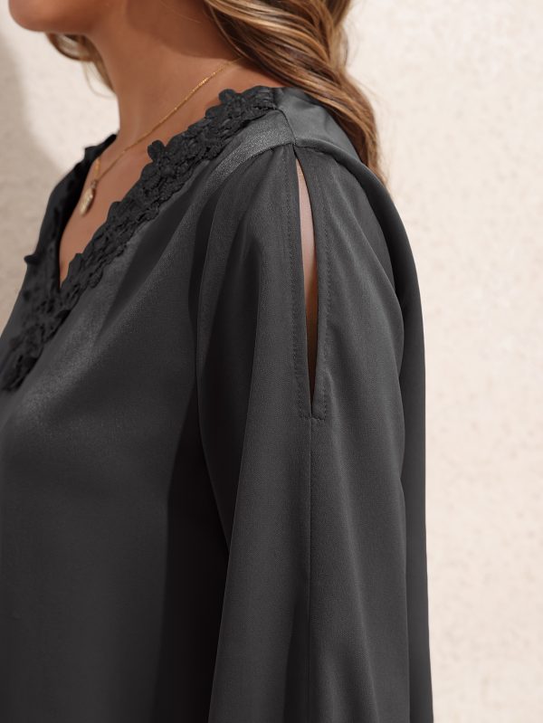 women summer tops neckline lace patchwork pullover shirt long sleeve elegant blouse