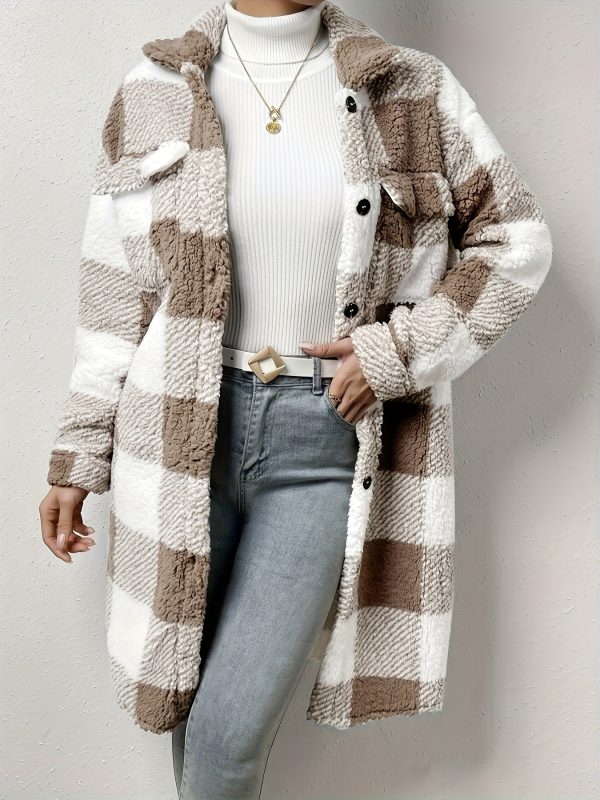 women's long sleeve plaid coat windbreaker black & white checkered pattern, cozy fleece lined winter jacket with pockets, casual style for cold weather, cozy winter wear | checkered pattern coat | functional pockets