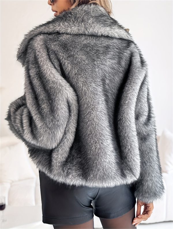 collared long sleeve faux fur jacket, casual warm fluffy coat