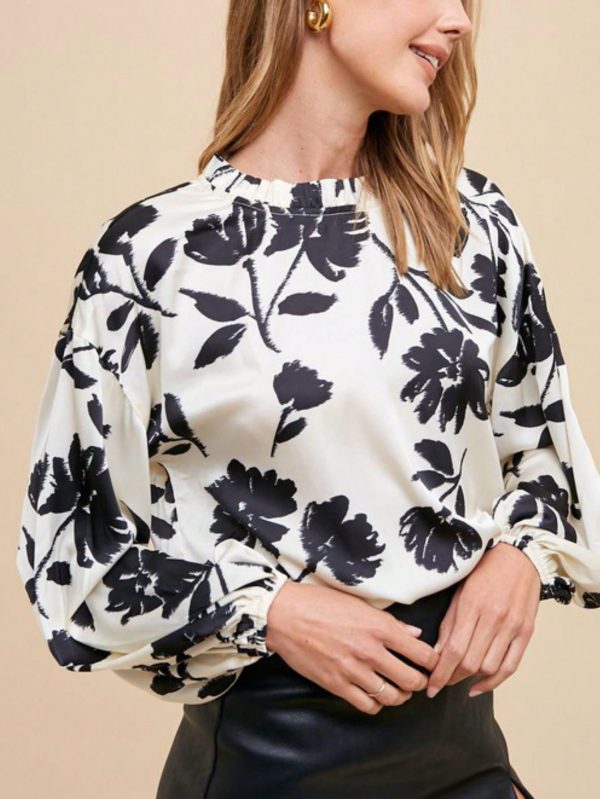 womens casual floral print elegant chic ruffle mock neck long sleeve blouse top black white bold flower pattern loose fit workwear office lady spring summer fall
