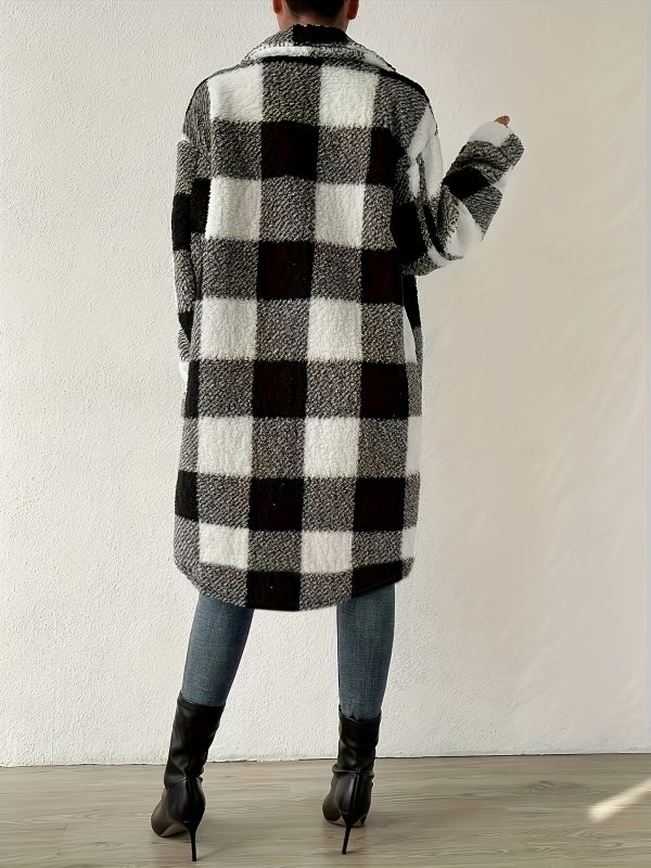 women's long sleeve plaid coat windbreaker black & white checkered pattern, cozy fleece lined winter jacket with pockets, casual style for cold weather, cozy winter wear | checkered pattern coat | functional pockets