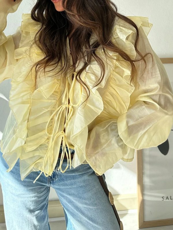 women's elegant ruffled multi layered chiffon blouse v neck long sleeve semi sheer top with layered ruffles, lightweight springu002ffall shirt in soft pastel colors (machine washable) for casual & formal outfits