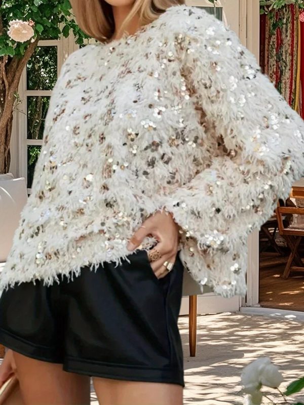 women's y2k sparkling sequin sweater with tassel hem & fringe sleeve details loose fit crew neck long sleeve pullover, all season party & everyday winter fall tops (hand washu002fdry clean) no stretch fabric