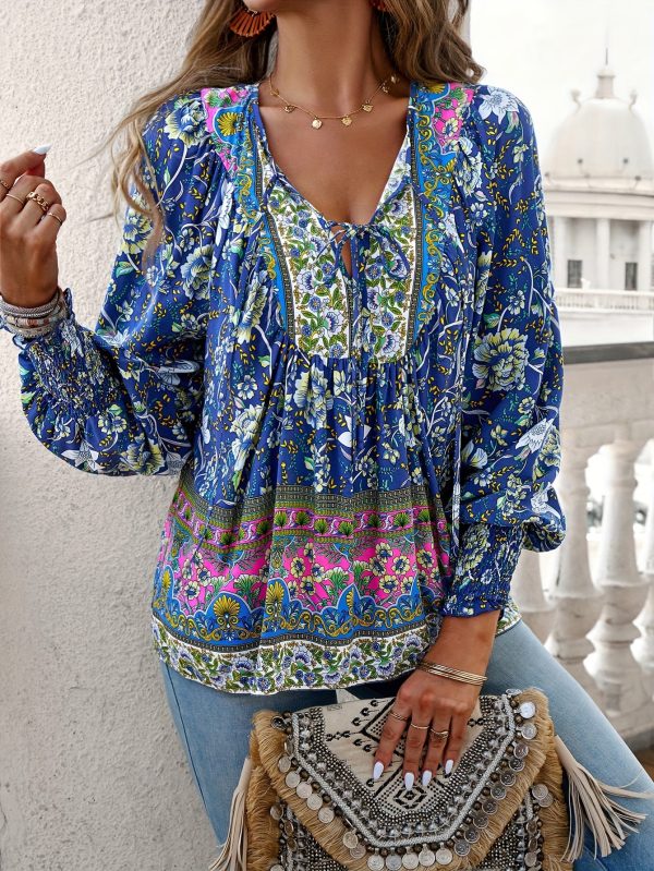 vibrant bohemian floral print v neck blouse for women chic long sleeve relaxed fit clothing for all seasons perfect for casual daily wear, outdoor activities & vacations