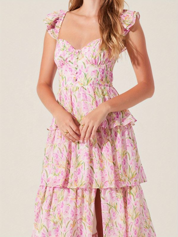 women's floral dress stylish multi layered ruffles split cap sleeve long a line dress for spring summer