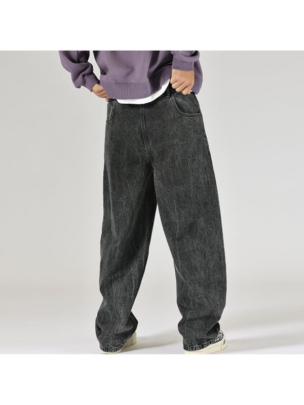 black washed vintage jeans men, small scimitar loose fit, trendy, large pocket design, high street dirty pants