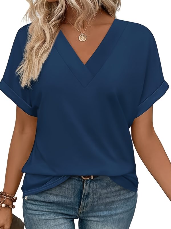 women's tops short bat sleeve shirt fashionable v neck clothing, casual and versatile