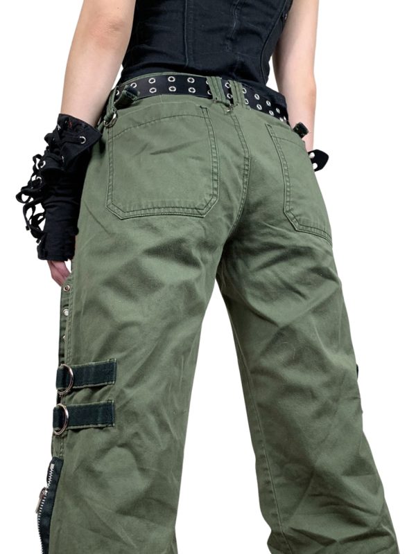 women autumn cargo pants, punk low waist zipper fly casual pants with pockets for, green