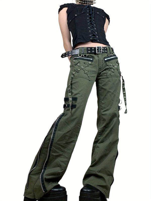 women autumn cargo pants, punk low waist zipper fly casual pants with pockets for, green