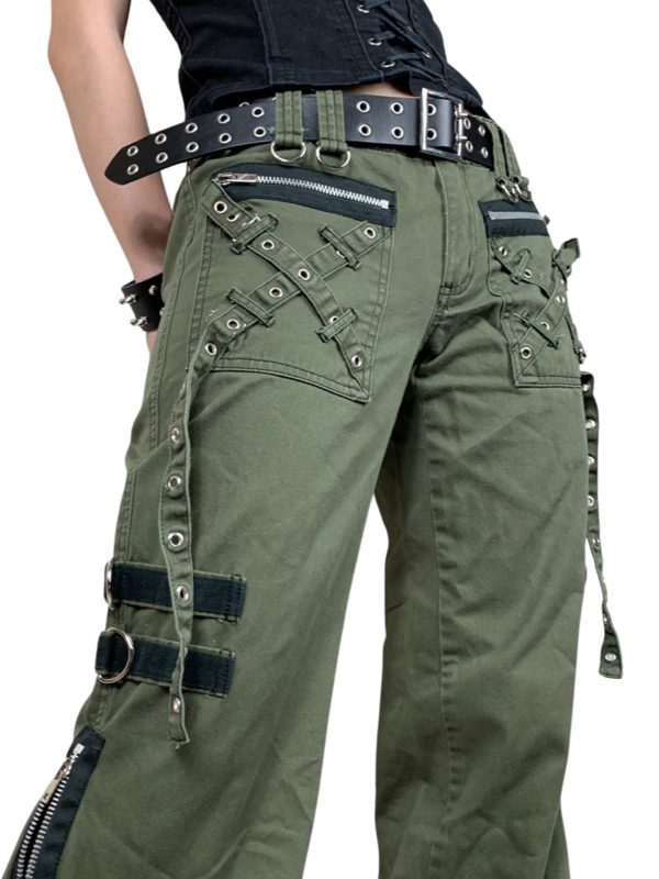 women autumn cargo pants, punk low waist zipper fly casual pants with pockets for, green