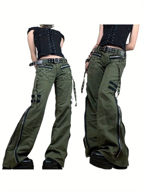 women autumn cargo pants, punk low waist zipper fly casual pants with pockets for, green