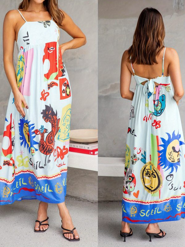 women's summer sleeveless dress, cartoon print tie back a line party dress for vacation cocktail beach streetwear, summer party dress | playful graphic dress | machine washable dress