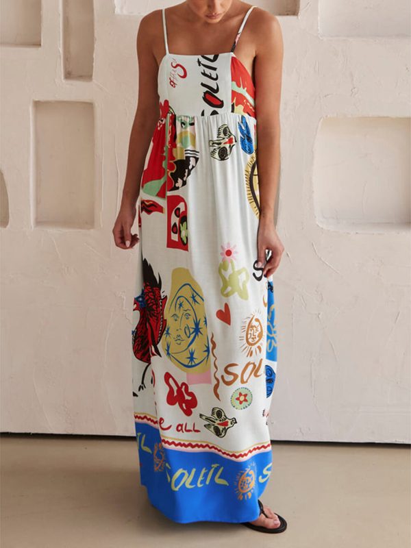 women's summer sleeveless dress, cartoon print tie back a line party dress for vacation cocktail beach streetwear, summer party dress | playful graphic dress | machine washable dress