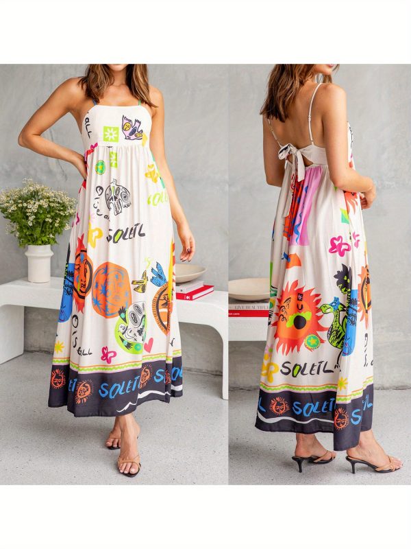 women's summer sleeveless dress, cartoon print tie back a line party dress for vacation cocktail beach streetwear, summer party dress | playful graphic dress | machine washable dress