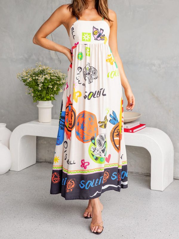 women's summer sleeveless dress, cartoon print tie back a line party dress for vacation cocktail beach streetwear, summer party dress | playful graphic dress | machine washable dress