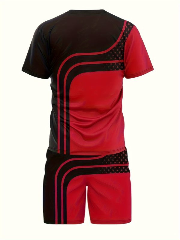 men's contrast color stripes graphic print t shirt & shorts co ord set for summer outdoor sports 2pcs suits
