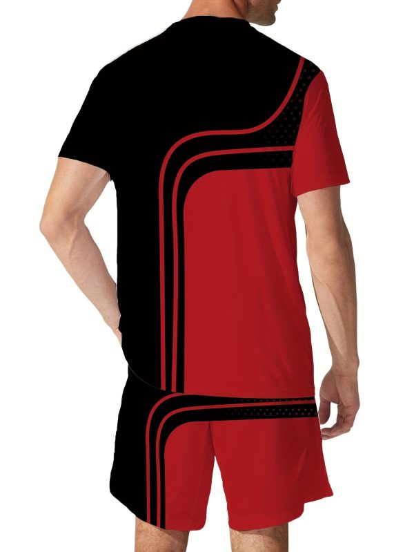 men's contrast color stripes graphic print t shirt & shorts co ord set for summer outdoor sports 2pcs suits