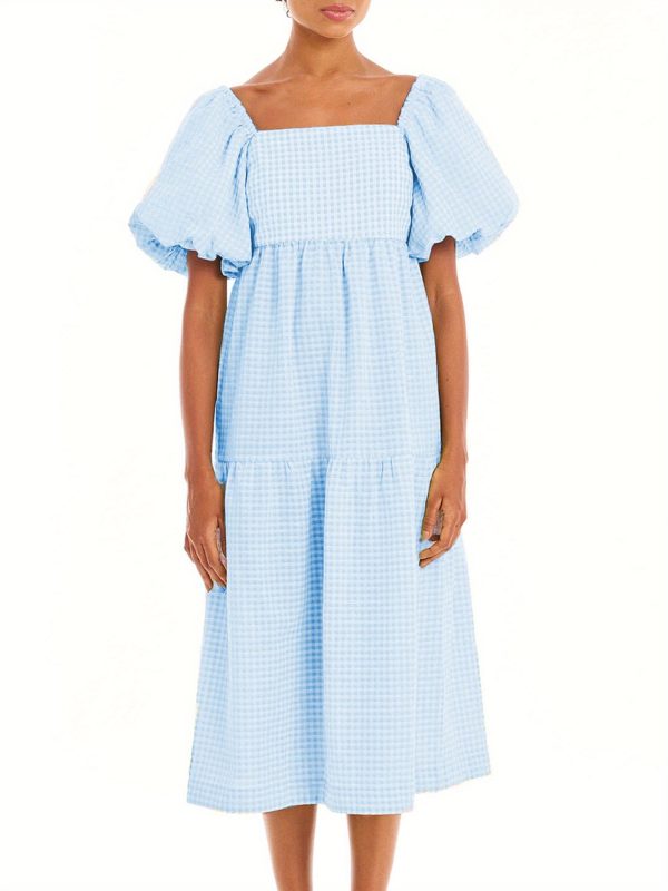elegant pink & white plaid maxi dress for women square neck, puff sleeve, backless summer swing dress with ruffled hem, casual style for springu002fsummeru002ffall