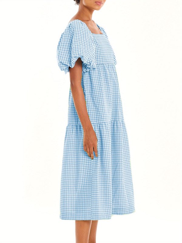 elegant pink & white plaid maxi dress for women square neck, puff sleeve, backless summer swing dress with ruffled hem, casual style for springu002fsummeru002ffall