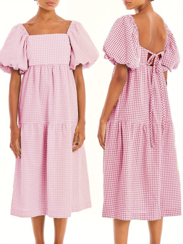 elegant pink & white plaid maxi dress for women square neck, puff sleeve, backless summer swing dress with ruffled hem, casual style for springu002fsummeru002ffall