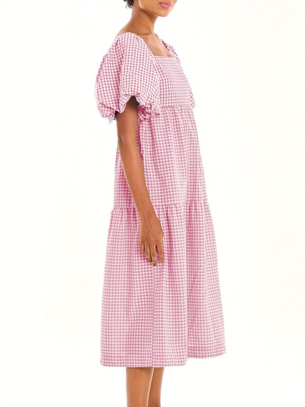 elegant pink & white plaid maxi dress for women square neck, puff sleeve, backless summer swing dress with ruffled hem, casual style for springu002fsummeru002ffall
