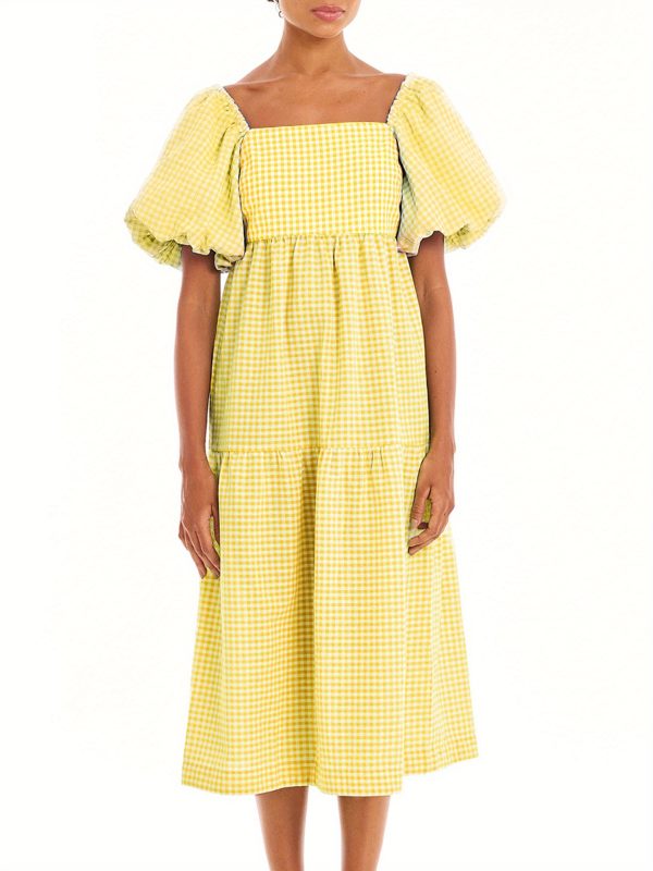 elegant pink & white plaid maxi dress for women square neck, puff sleeve, backless summer swing dress with ruffled hem, casual style for springu002fsummeru002ffall
