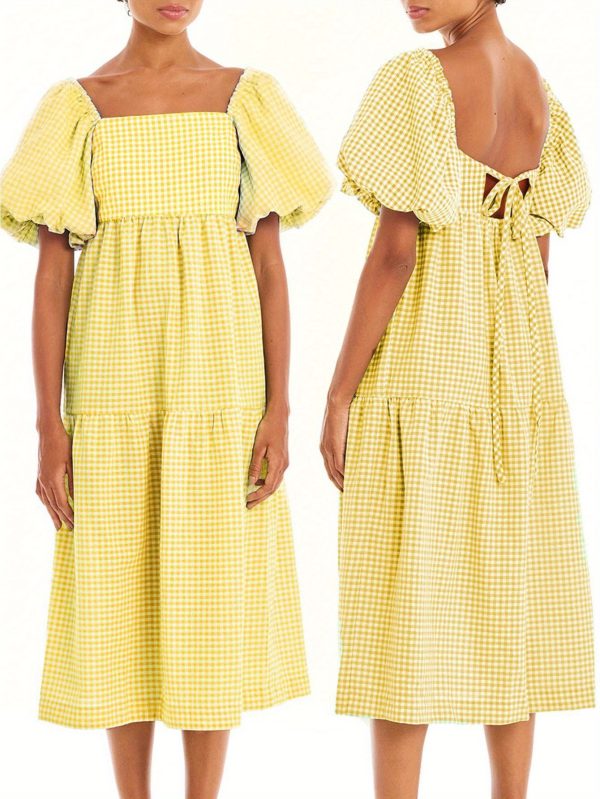elegant pink & white plaid maxi dress for women square neck, puff sleeve, backless summer swing dress with ruffled hem, casual style for springu002fsummeru002ffall