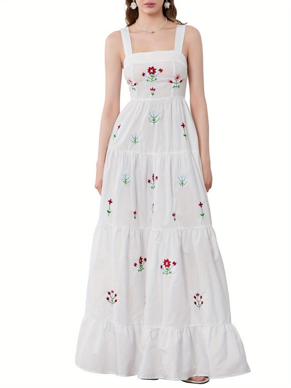 sleeveless square neck embroidered tiered midi slip dress for women