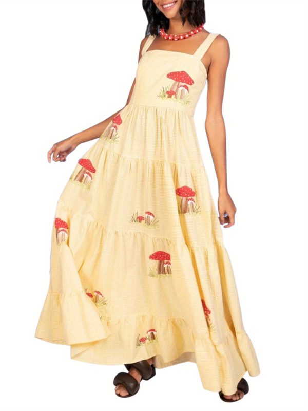 sleeveless square neck embroidered tiered midi slip dress for women
