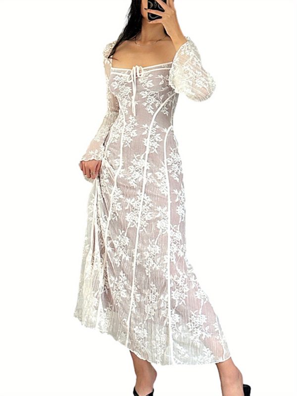 elegant women's lace dress with long sleeves, square neck, and floral tie up design semi transparent polyester swing dress for fall and summer occasions