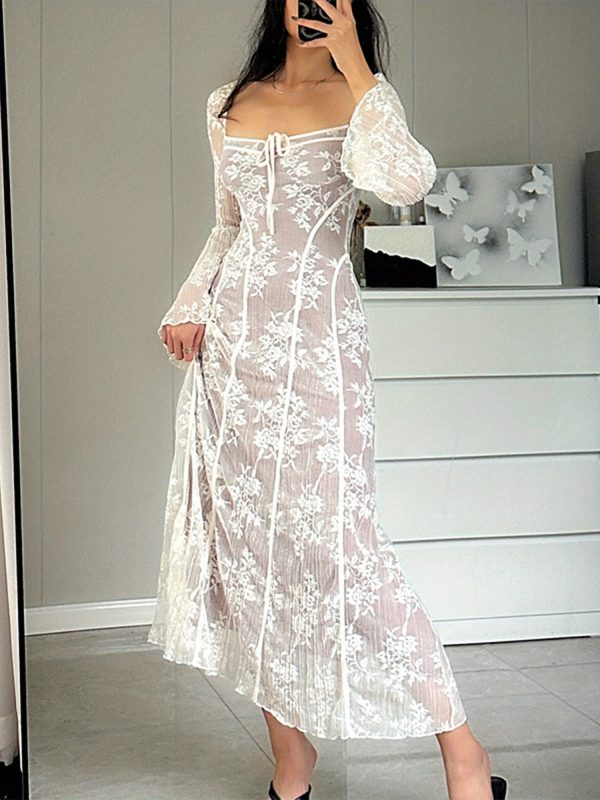 elegant women's lace dress with long sleeves, square neck, and floral tie up design semi transparent polyester swing dress for fall and summer occasions