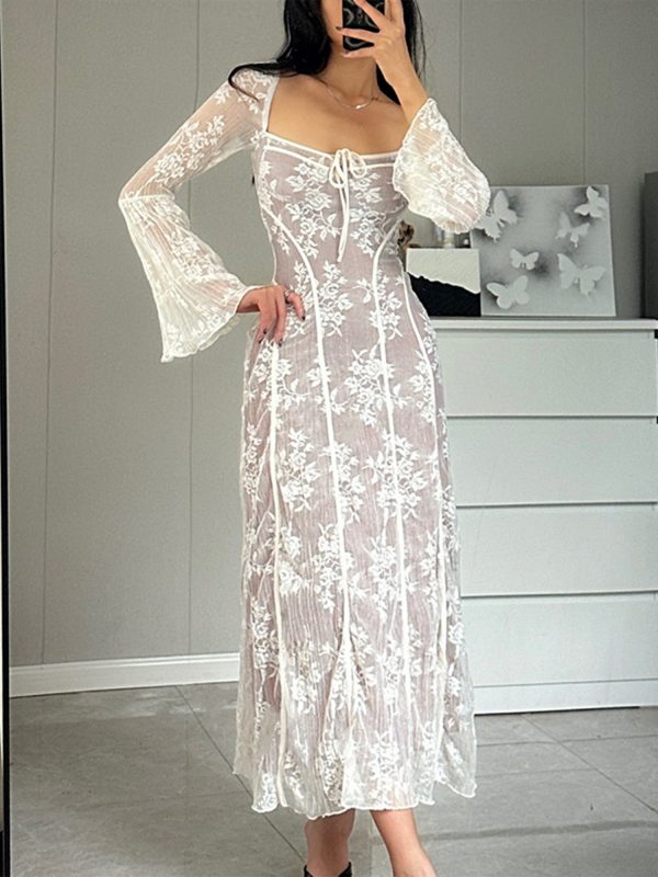 elegant women's lace dress with long sleeves, square neck, and floral tie up design semi transparent polyester swing dress for fall and summer occasions