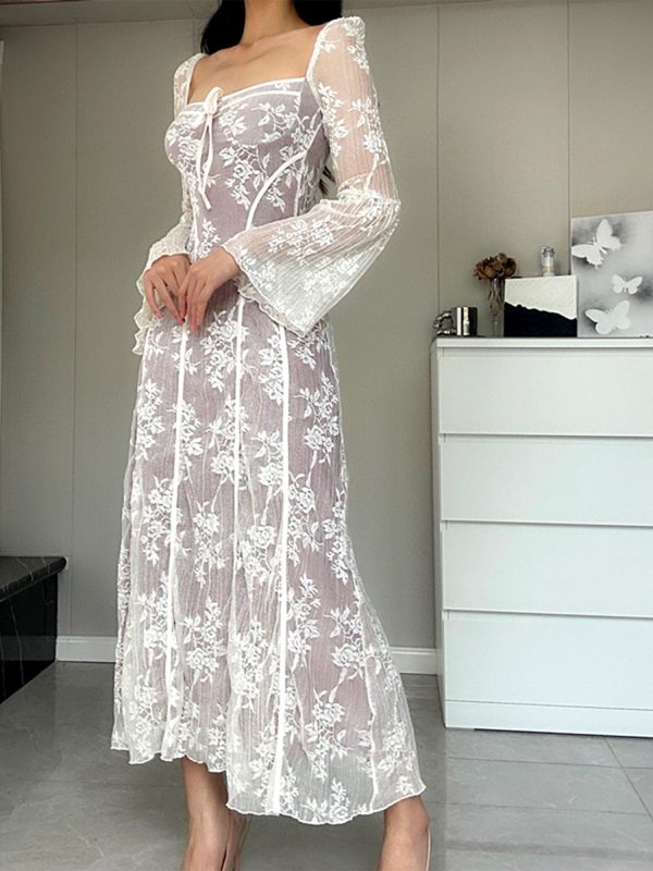 elegant women's lace dress with long sleeves, square neck, and floral tie up design semi transparent polyester swing dress for fall and summer occasions