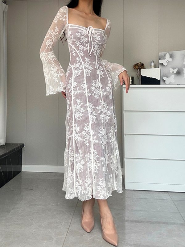 elegant women's lace dress with long sleeves, square neck, and floral tie up design semi transparent polyester swing dress for fall and summer occasions