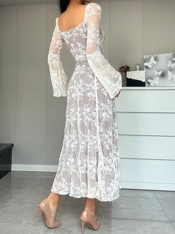 elegant women's lace dress with long sleeves, square neck, and floral tie up design semi transparent polyester swing dress for fall and summer occasions