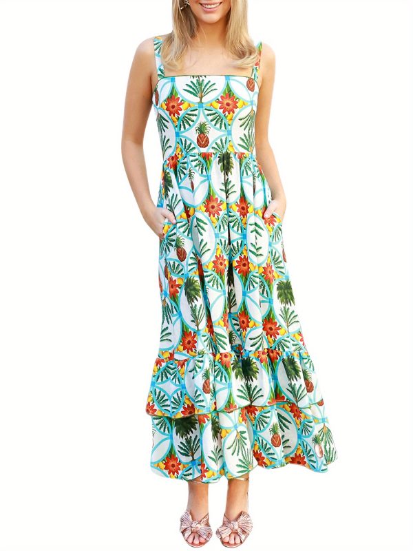 women's tropical floral print sleeveless a line dress square neck, flowy long skirt, elegant summer style, light blue with vibrant pineapple & bird design, hand wash or dry clean, tropical dress