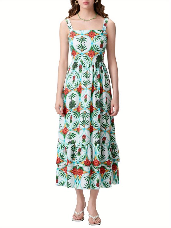 women's tropical floral print sleeveless a line dress square neck, flowy long skirt, elegant summer style, light blue with vibrant pineapple & bird design, hand wash or dry clean, tropical dress