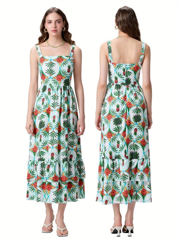 women's tropical floral print sleeveless a line dress square neck, flowy long skirt, elegant summer style, light blue with vibrant pineapple & bird design, hand wash or dry clean, tropical dress