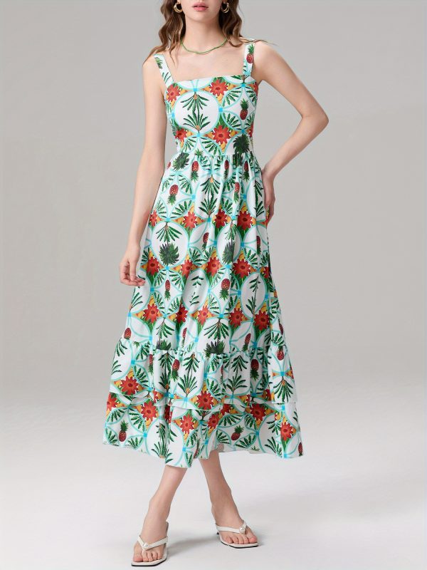 women's tropical floral print sleeveless a line dress square neck, flowy long skirt, elegant summer style, light blue with vibrant pineapple & bird design, hand wash or dry clean, tropical dress