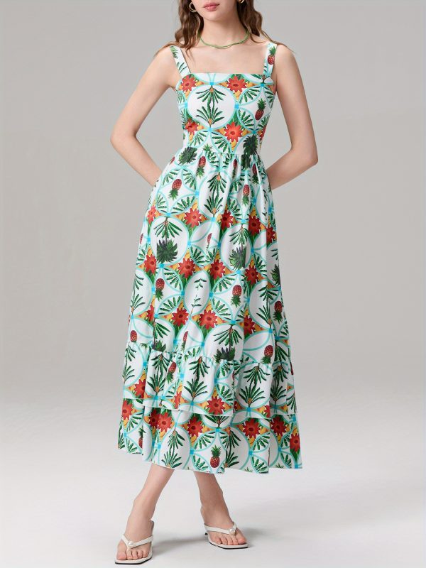 women's tropical floral print sleeveless a line dress square neck, flowy long skirt, elegant summer style, light blue with vibrant pineapple & bird design, hand wash or dry clean, tropical dress