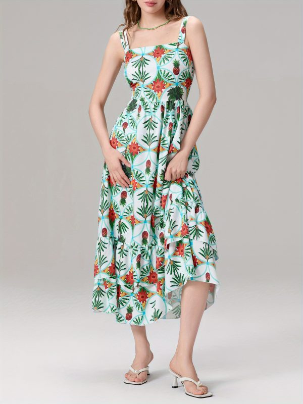 women's tropical floral print sleeveless a line dress square neck, flowy long skirt, elegant summer style, light blue with vibrant pineapple & bird design, hand wash or dry clean, tropical dress