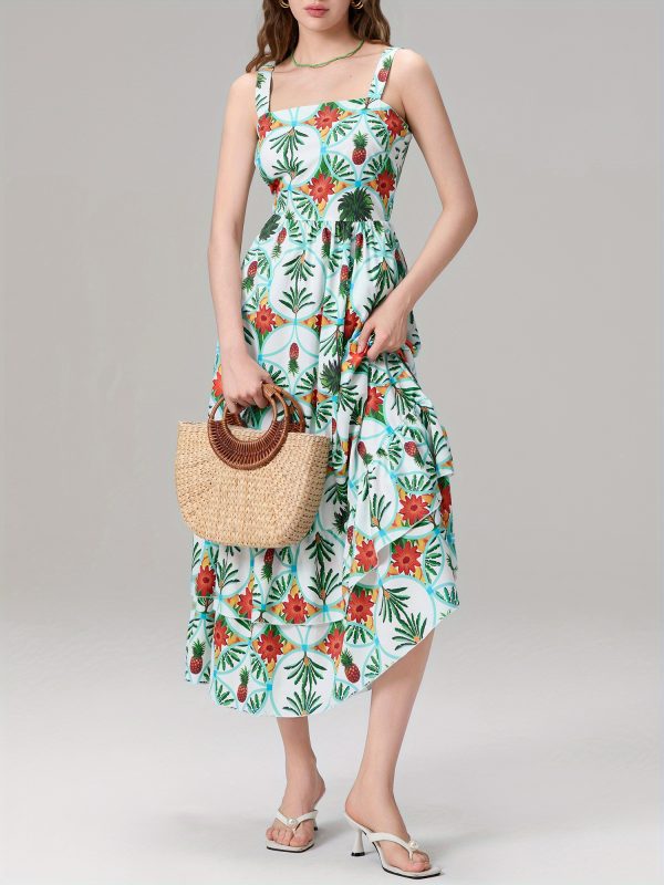 women's tropical floral print sleeveless a line dress square neck, flowy long skirt, elegant summer style, light blue with vibrant pineapple & bird design, hand wash or dry clean, tropical dress