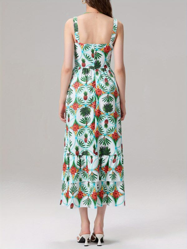 women's tropical floral print sleeveless a line dress square neck, flowy long skirt, elegant summer style, light blue with vibrant pineapple & bird design, hand wash or dry clean, tropical dress