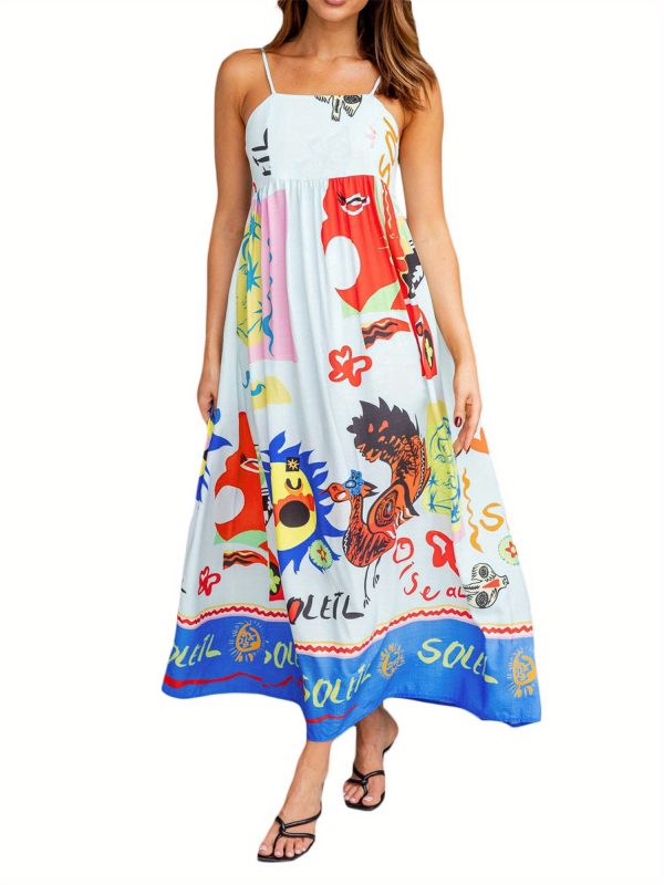 women's summer sleeveless dress, cartoon print tie back a line party dress for vacation cocktail beach streetwear, summer party dress | playful graphic dress | machine washable dress