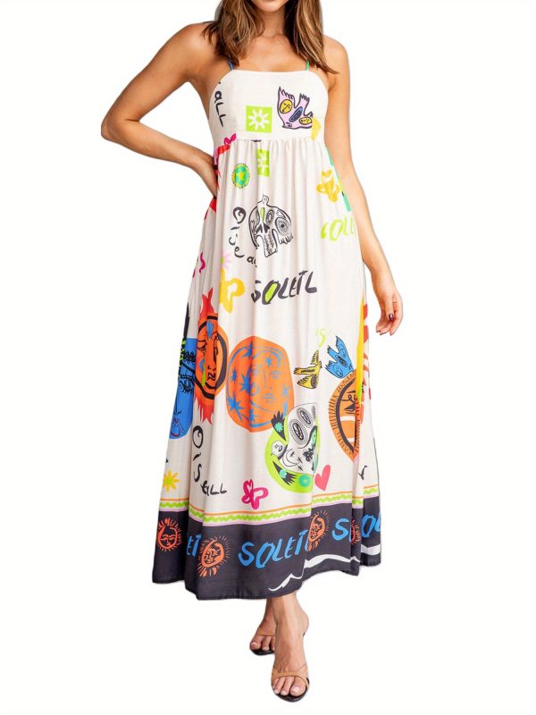 women's summer sleeveless dress, cartoon print tie back a line party dress for vacation cocktail beach streetwear, summer party dress | playful graphic dress | machine washable dress