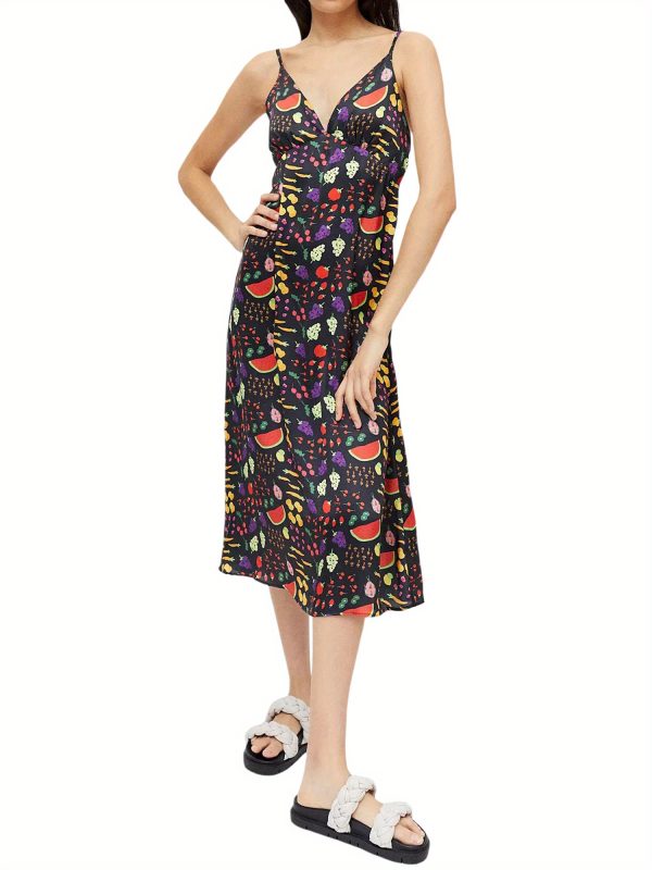women spaghetti strap sleeveless dress summer fruit print v neck backless party dress for cocktail beach streetwear