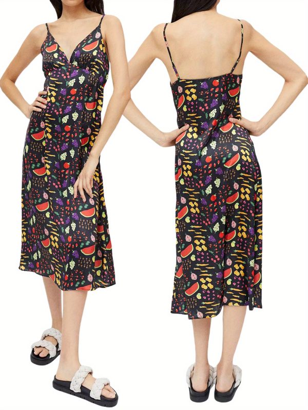 women spaghetti strap sleeveless dress summer fruit print v neck backless party dress for cocktail beach streetwear
