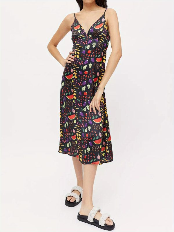 women spaghetti strap sleeveless dress summer fruit print v neck backless party dress for cocktail beach streetwear